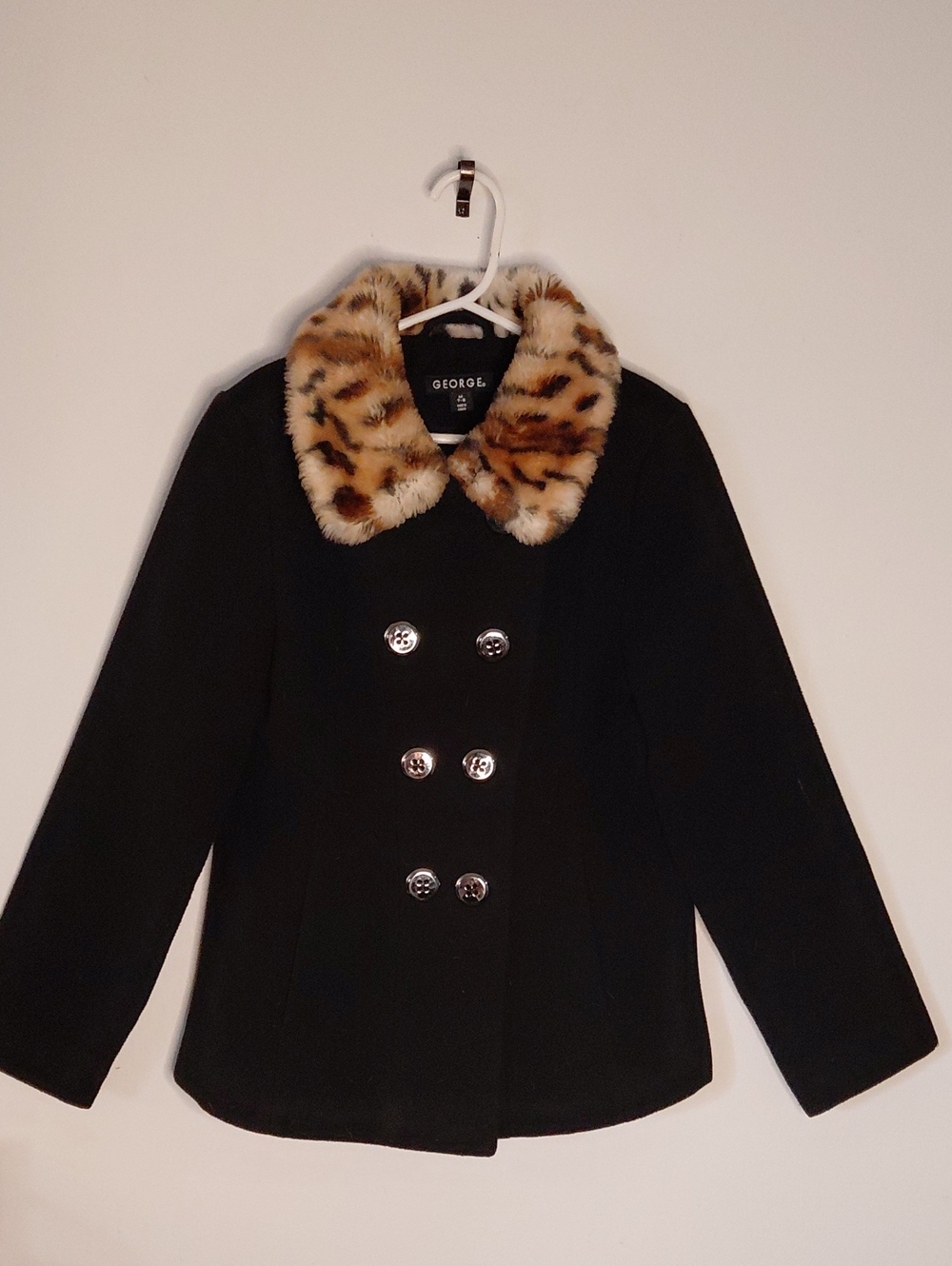 George Black Peacoat with Faux Leopard-Print Fur Collar
